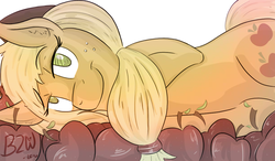 Size: 900x526 | Tagged: safe, artist:bow2yourwaifu, applejack, g4, apple, bedroom eyes, female, food, looking at you, on side, seductive, smiling, solo, tired