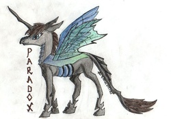 Size: 1024x712 | Tagged: safe, artist:privatecocky, oc, oc only, oc:paradox the draconequus changeling, changeling, draconequus, hybrid, solo, traditional art