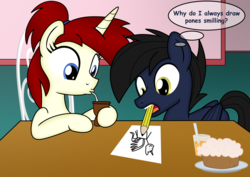 Size: 3507x2481 | Tagged: safe, artist:pananovich, oc, oc only, oc:shadowmoon, oc:silver draw, pony, drawing, duo, high res, misspelling, pencil, shadraw, thought bubble