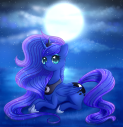 Size: 1280x1323 | Tagged: dead source, safe, artist:fluffymaiden, princess luna, alicorn, pony, g4, cloud, cute, female, full moon, heart eyes, lunabetes, mare, moon, night, prone, sky, solo, starry night, stars, wingding eyes