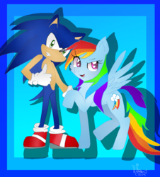 Size: 1024x1133 | Tagged: safe, artist:abrilelizabeth, artist:diamond--rose, rainbow dash, g4, crossover, female, interspecies, male, shipping, sonic the hedgehog, sonic the hedgehog (series), sonicdash, straight