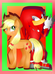 Size: 1024x1365 | Tagged: safe, artist:abrilelizabeth, artist:diamond--rose, applejack, g4, crossover, knuckles the echidna, male, sonic the hedgehog (series)