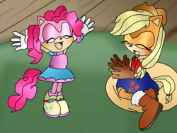 Size: 640x480 | Tagged: safe, artist:abrilelizabeth, applejack, pinkie pie, anthro, plantigrade anthro, g4, sonic the hedgehog (series), sonicified