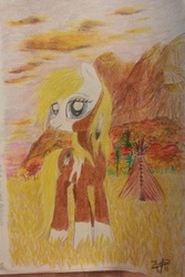 Size: 540x810 | Tagged: safe, artist:horsesnhurricanes, pony, dreamworks, feather, mountain, mustang, pine tree, ponified, prairie, rain (character), rain (spirit: stallion of the cimarron), solo, spirit: stallion of the cimarron, tipi, traditional art, tree