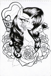 Size: 1900x2815 | Tagged: safe, artist:karlosbaygorriakb, rarity, g4, bust, female, flower, flower in mouth, heart, ink, monochrome, mouth hold, rose, simple background, solo, traditional art, white background