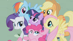 Size: 1280x720 | Tagged: safe, screencap, applejack, fluttershy, pinkie pie, rainbow dash, rarity, twilight sparkle, earth pony, pegasus, pony, unicorn, friendship is magic, g4, applejack's hat, cowboy hat, cute, female, hat, looking up, lying down, mane six, mare, outdoors, smiling, standing