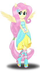 Size: 1621x2940 | Tagged: safe, artist:deannaphantom13, fluttershy, equestria girls, g4, bare shoulders, boots, fall formal outfits, female, high heel boots, ponied up, ponytail, sleeveless, solo, strapless