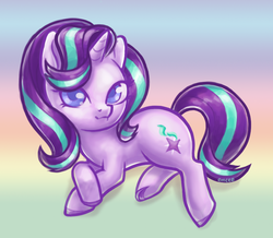 Size: 897x783 | Tagged: safe, artist:mcponyponypony, starlight glimmer, pony, unicorn, g4, blurry background, colored hooves, colored pupils, cute, female, glimmerbetes, looking at you, mare, prone, solo