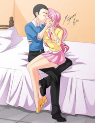 Size: 2153x2786 | Tagged: safe, artist:shinta-girl, fluttershy, oc, oc:manu, equestria girls, g4, canon x oc, clothes, commission, couple, female, high heels, high res, humanized, kissing, legs, male, manu, miniskirt, pleated skirt, shipping, shoes, skirt, straight, thighs