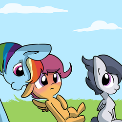 Size: 711x711 | Tagged: safe, artist:tjpones, rainbow dash, rumble, scootaloo, pegasus, g4, blank flank, blushing, colt, female, filly, foal, male, mare, ship:rumbloo, shipper on deck, shipping, sky, straight