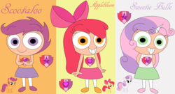 Size: 6176x3328 | Tagged: safe, artist:shaelynn-t, apple bloom, scootaloo, sweetie belle, human, pony, g4, absurd resolution, clothes, cutie mark, cutie mark crusaders, horn, horned humanization, human ponidox, humanized, self ponidox, skirt, the cmc's cutie marks