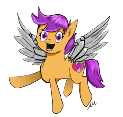 Size: 974x927 | Tagged: safe, artist:relma2, scootaloo, g4, amputee, augmented, cutie mark, female, implied amputation, open mouth, prosthetic limb, prosthetic wing, prosthetics, simple background, solo, the cmc's cutie marks, transparent background