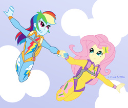 Size: 950x800 | Tagged: safe, artist:wom-bat, fluttershy, rainbow dash, equestria girls, g4, my little pony equestria girls: friendship games, clothes, commission, falling, holding hands, jumpsuit, parachute, skydiving
