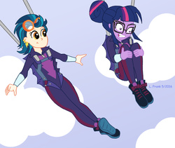 Size: 950x800 | Tagged: safe, artist:wom-bat, indigo zap, sci-twi, twilight sparkle, equestria girls, g4, my little pony equestria girls: friendship games, clothes, commission, falling, glasses, jumpsuit, panic, parachute, skydiving