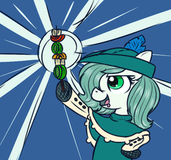 Size: 640x600 | Tagged: safe, artist:ficficponyfic, color edit, edit, oc, oc only, oc:emerald jewel, earth pony, pony, colt quest, child, clothes, color, colored, colt, drool, femboy, foal, hair over one eye, hat, kebab, male, proud, shishkebab, solo, star burst, trap, young