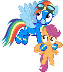 Size: 3260x3754 | Tagged: safe, artist:spellboundcanvas, rainbow dash, scootaloo, pegasus, pony, g4, newbie dash, carrying, duo, duo female, female, filly, flying, foal, frown, grin, high res, holding a pony, hooves, mare, simple background, smiling, spread wings, tail, transparent background, vector, wings, wonderbolts uniform
