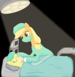 Size: 2530x2582 | Tagged: safe, artist:deannaphantom13, apple bloom, applejack, g4, clothes, commission, doctor, doctor applejack, gloves, high res, hoof gloves, hospital, latex, latex gloves, rubber gloves, surgeon
