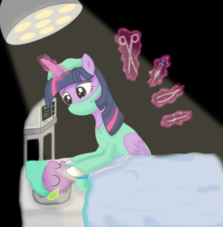 Size: 2235x2272 | Tagged: safe, artist:deannaphantom13, spike, twilight sparkle, alicorn, pony, g4, clothes, commission, doctor, doctor twilight, female, gloves, high res, hoof gloves, hospital, latex, latex gloves, mare, rubber gloves, surgeon, twilight sparkle (alicorn)