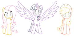 Size: 2220x1200 | Tagged: safe, artist:deannaphantom13, applejack, fluttershy, twilight sparkle, alicorn, earth pony, pegasus, pony, g4, colored lineart, female, lineart, mare, simple background, solo, spread wings, transparent background, twilight sparkle (alicorn), wings