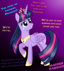 Size: 2000x2203 | Tagged: safe, artist:deannaphantom13, twilight sparkle, alicorn, pony, g4, crying, female, high res, hoof shoes, immortality blues, implied applejack, implied flash sentry, implied fluttershy, implied pinkie pie, implied rainbow dash, implied rarity, mare, purple background, sad, simple background, solo, twilight sparkle (alicorn), twilight will outlive her friends
