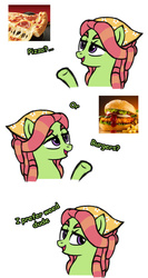 Size: 800x1500 | Tagged: safe, artist:skylight, tree hugger, earth pony, pony, g4, burger, comparison, drugs, female, food, funny, marijuana, meme, original art, pizza, solo, tree stoner