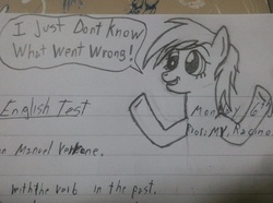 Size: 1024x763 | Tagged: safe, artist:juanv20, derpy hooves, pegasus, pony, g4, cute, derp, derpabetes, female, lined paper, mare, monochrome, school, solo, test, traditional art