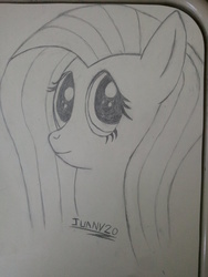 Size: 600x800 | Tagged: safe, artist:juanv20, fluttershy, g4, cute, desk, female, looking at you, monochrome, school, shyabetes, smiling, smiling at you, solo, traditional art
