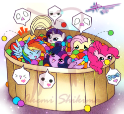 Size: 1024x939 | Tagged: safe, artist:shikimaakemi, applejack, fluttershy, pinkie pie, rainbow dash, rarity, twilight sparkle, alicorn, pony, g4, ball pit, female, mare, my little squishy, obtrusive watermark, twilight sparkle (alicorn), watermark