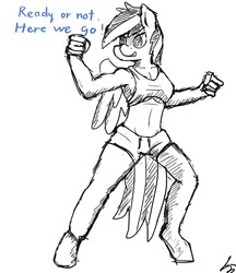 Size: 1400x1620 | Tagged: safe, artist:mopyr, rainbow dash, anthro, unguligrade anthro, g4, action pose, armpits, belly button, breasts, cleavage, clothes, female, grayscale, midriff, monochrome, shorts, sketch, solo, sports bra, underboob