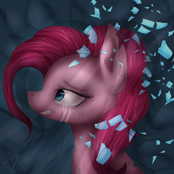 Size: 1024x1024 | Tagged: safe, artist:rubyblossomva, pinkie pie, g4, broken glass, crying, female, sad, solo