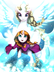 Size: 1200x1600 | Tagged: safe, artist:lanveril, alicorn, pony, anna, braid, cloak, clothes, crossover, duo, elsa, frozen (movie), looking down, open mouth, ponified, snow