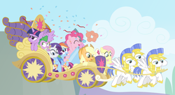 Size: 1650x900 | Tagged: safe, artist:dm29, applejack, fluttershy, pinkie pie, rainbow dash, rarity, spike, twilight sparkle, alicorn, pegasus, pony, unicorn, g4, alcohol, chariot, cider, confetti, female, male, mane seven, mane six, mare, party cannon, pegasus royal guard, royal guard, stallion, twilight sparkle (alicorn), twilight sparkle is not amused, twimobile, unamused