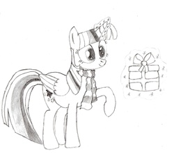 Size: 1894x1676 | Tagged: safe, artist:darelith, twilight sparkle, alicorn, pony, g4, christmas, clothes, female, magic, mare, monochrome, pencil drawing, present, raised hoof, scarf, sketch, solo, traditional art, twilight sparkle (alicorn)