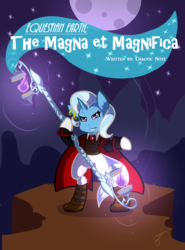 Size: 1700x2300 | Tagged: safe, artist:halfway-to-insanity, trixie, pony, unicorn, fanfic:equestrian earth: the magna et magnifica, g4, brooch, cape, cliff, clothes, cover art, earring, fanfic, fanfic art, fanfic cover, female, fire, jewelry, magic, mare, moon, mountain, night, night sky, outfit, piercing, smug, solo, staff, stars