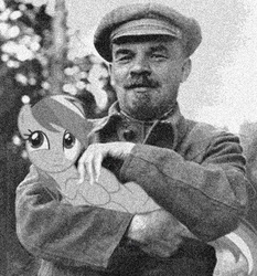 Size: 453x487 | Tagged: safe, edit, rainbow dash, pony, g4, black and white, grayscale, holding a pony, lenin, monochrome, photo, politics in the comments, soviet
