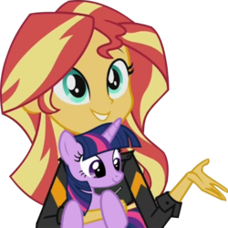 Size: 620x619 | Tagged: safe, artist:stacyhirano34, sunset shimmer, twilight sparkle, pony, equestria girls, g4, cute, female, holding a pony, lesbian, shimmerbetes, ship:sunsetsparkle, shipping, simple background, tiny ponies, transparent background, twiabetes, vector