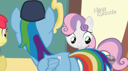 Size: 1100x618 | Tagged: safe, screencap, apple bloom, sweetie belle, earth pony, pony, flight to the finish, g4, butt, female, hub logo, mare, plot