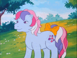 Size: 718x540 | Tagged: safe, edit, screencap, sweet stuff, earth pony, pony, twinkle eyed pony, g1, my little pony 'n friends, sweet stuff and the treasure hunt, animated, bow, dream valley, female, slow motion, solo, tail bow