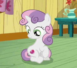 Size: 490x434 | Tagged: safe, screencap, sweetie belle, g4, on your marks, animated, clubhouse, crusaders clubhouse, cutie mark, cutie mark adoration, female, sitting, stare, the cmc's cutie marks
