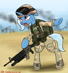 Size: 3000x3211 | Tagged: safe, artist:orang111, trixie, pony, unicorn, g4, assault rifle, backpack, bipedal, body armor, boots, camouflage, clothes, desert, drool, female, flashlight (object), goggles, grenade launcher, gun, helmet, high res, hoof hold, horn, m16, m16a2, m203, military, military uniform, oil well, panting, pants, rifle, shoes, suspenders, sweat, thirsty, tongue out, weapon