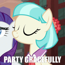Size: 954x954 | Tagged: safe, derpibooru exclusive, edit, edited screencap, screencap, coco pommel, rarity, g4, made in manehattan, animated, cocobetes, cute, eyes closed, female, headbob, image macro, loop, meme, nodding, party gracefully, party hard, party soft, smiling, solo focus