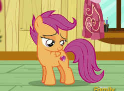 Size: 685x503 | Tagged: safe, screencap, apple bloom, scootaloo, g4, on your marks, animated, clubhouse, cropped, crusaders clubhouse, cutie mark, cutie mark adoration, discovery family logo, female, fluttering, the cmc's cutie marks