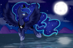 Size: 1024x683 | Tagged: safe, artist:pvrii, princess luna, g4, female, flying, lake, moon, night, solo, water