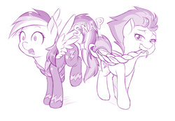 Size: 1100x765 | Tagged: safe, artist:dstears, rainbow dash, spitfire, pegasus, pony, g4, newbie dash, female, mare, monochrome, mouth hold, spanking, surprised, towel, towel snap, wide eyes, wonderbolts uniform