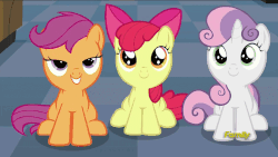 Size: 1280x720 | Tagged: safe, screencap, apple bloom, scootaloo, sweetie belle, earth pony, pony, g4, on your marks, adorabloom, animated, big eyes, cute, cutealoo, cutie mark crusaders, daaaaaaaaaaaw, diasweetes, discovery family logo, female, gif, looking at you, sitting, smiling, trio, weapons-grade cute