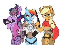 Size: 1024x768 | Tagged: safe, artist:k19041904, applejack, rainbow dash, twilight sparkle, cyborg, semi-anthro, g4, amputee, augmented, crossover, cyberpunk, jesse mccree, latin american, mccreejack, overwatch, rainbow tracer, tracer, twilightmaker, voice actor joke, widowmaker