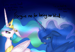 Size: 2870x2000 | Tagged: safe, artist:theturtlegoddess, princess celestia, princess luna, pony, lullaby for a princess, g4, crying, duo, high res