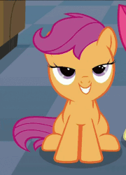 Size: 518x719 | Tagged: safe, screencap, scootaloo, pony, g4, on your marks, animated, big eyes, cute, cutealoo, female, grin, looking at you, sitting, solo focus, weapons-grade cute