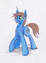 Size: 1544x2083 | Tagged: safe, artist:scribblepwn3, oc, oc only, oc:ampere, pony, unicorn, colored pencil drawing, pen drawing, solo, traditional art