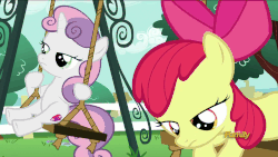 Size: 1280x720 | Tagged: safe, screencap, apple bloom, sweetie belle, earth pony, pony, g4, on your marks, animated, confused, cutie mark, disapproval, discovery family logo, female, imminent murder, lying, offended, sitting, swing, the cmc's cutie marks, this will end in death